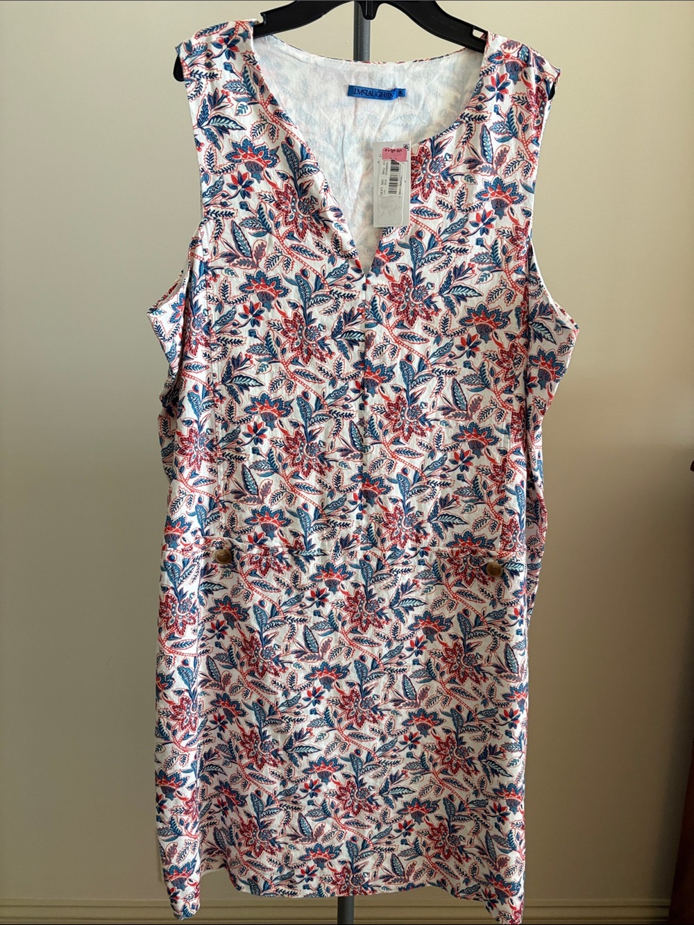 J. McLaughlin Red and Blue Floral V-Neck linen XL NWT